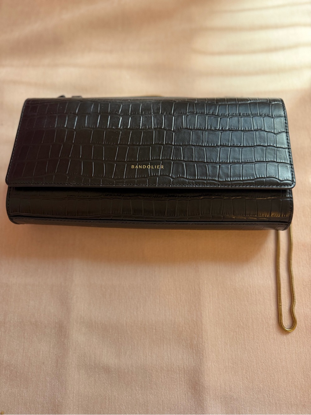 Bandolier Black Croc-Embossed Leather with Gold Shoulder Strap
